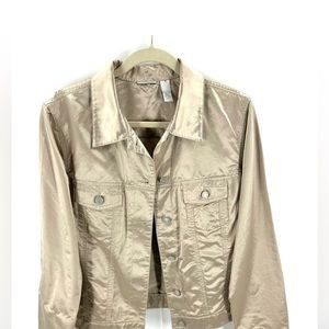 Chicos Size 1 US 8 Medium Jacket Metallic Satin Champagne Gold Button Front